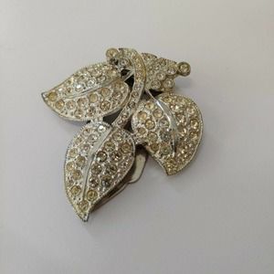 Vintage Rhinestone Dress Clip Brooch Pin Leaf